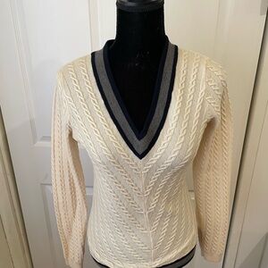 Lacoste V-Neck Sweater in Cream with Navy Accents